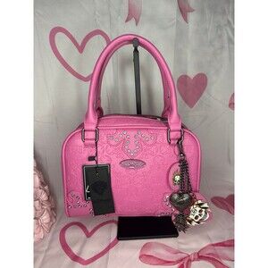 Ed Hardy Pink Embossed Skull Satchel Handbag, Viral